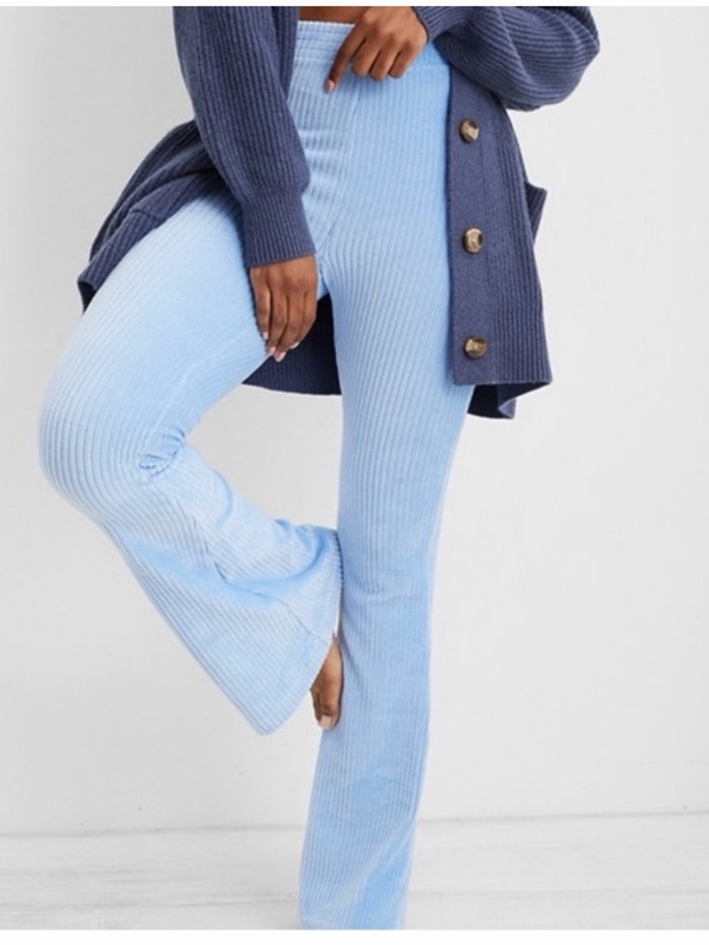 Aerie Groove-On Velour High Waisted Flare Pant- Light Blue- Medium